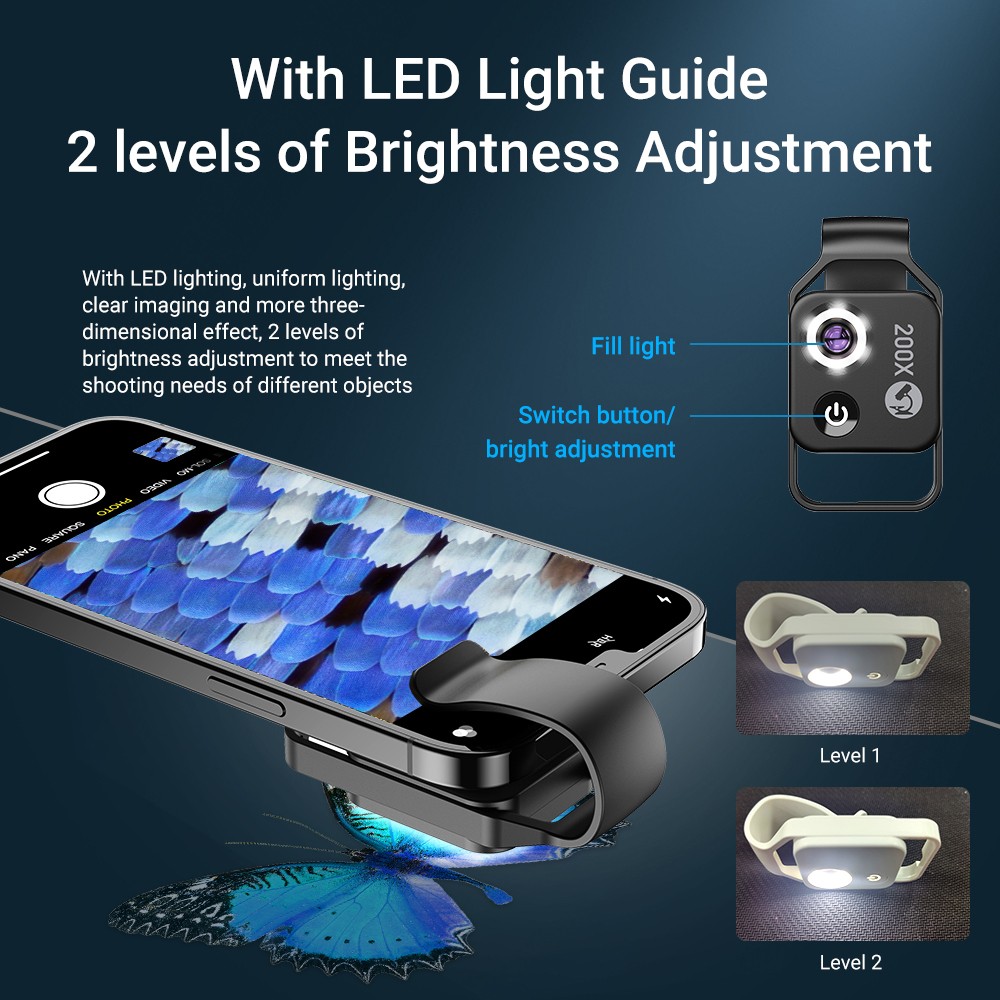 Apexel 200X Phone Microscope Lens with CPL, Adjustable LED Lights, 2-micron High Resolution, Built-in Lithium Battery - Black