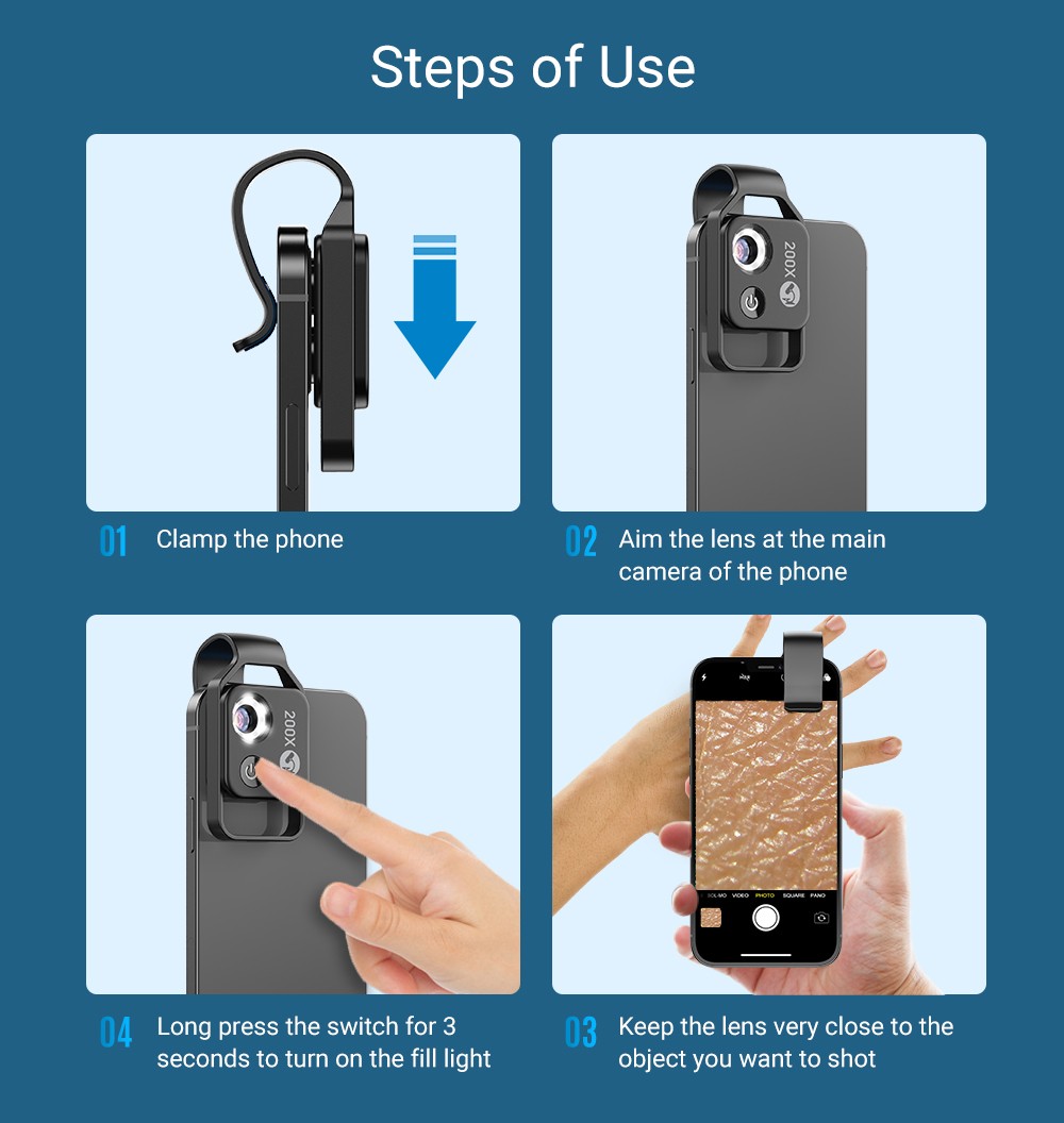 Apexel 200X Phone Microscope Lens with CPL, Adjustable LED Lights, 2-micron High Resolution, Built-in Lithium Battery - Black