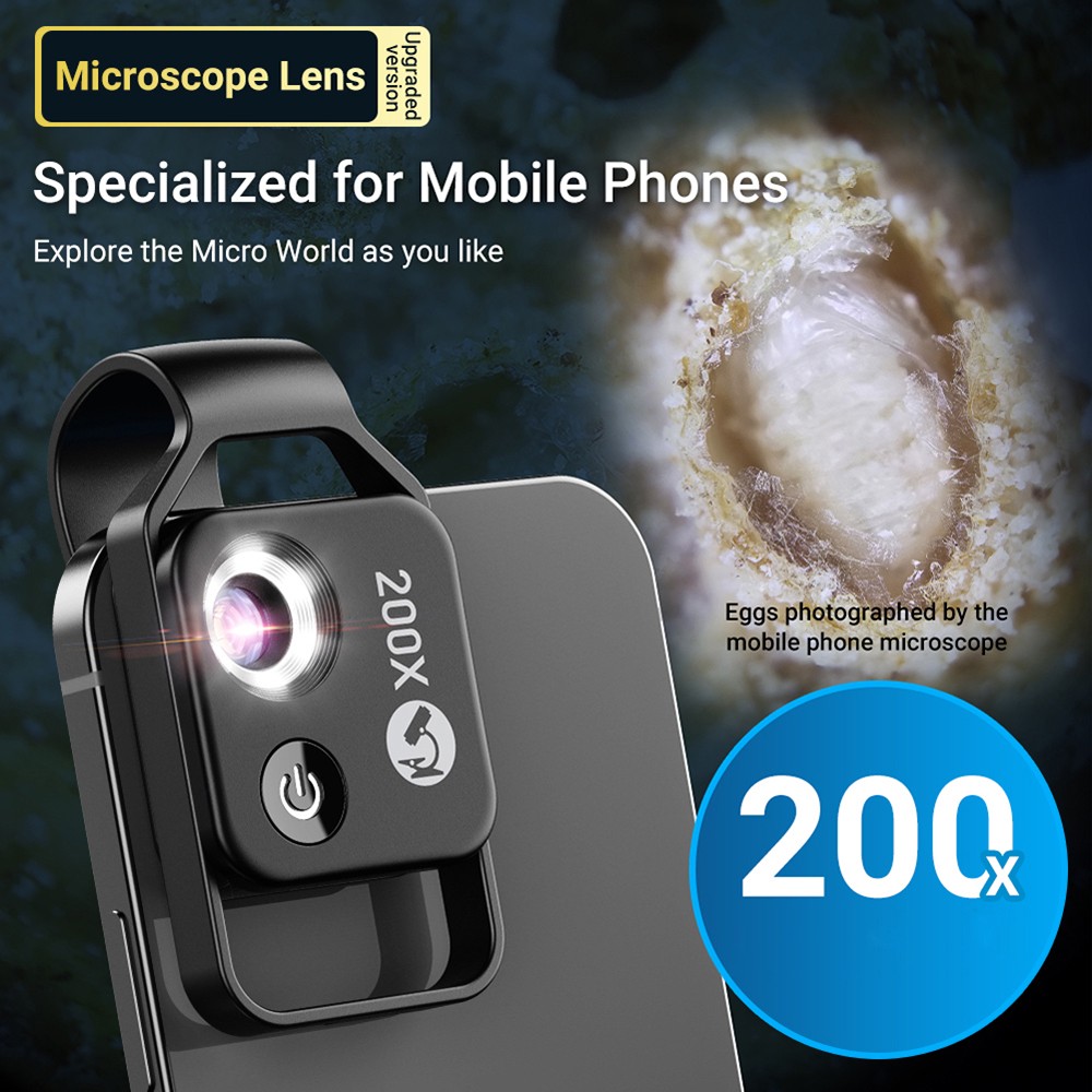 Apexel 200X Phone Microscope Lens with CPL, Adjustable LED Lights, 2-micron High Resolution, Built-in Lithium Battery - White