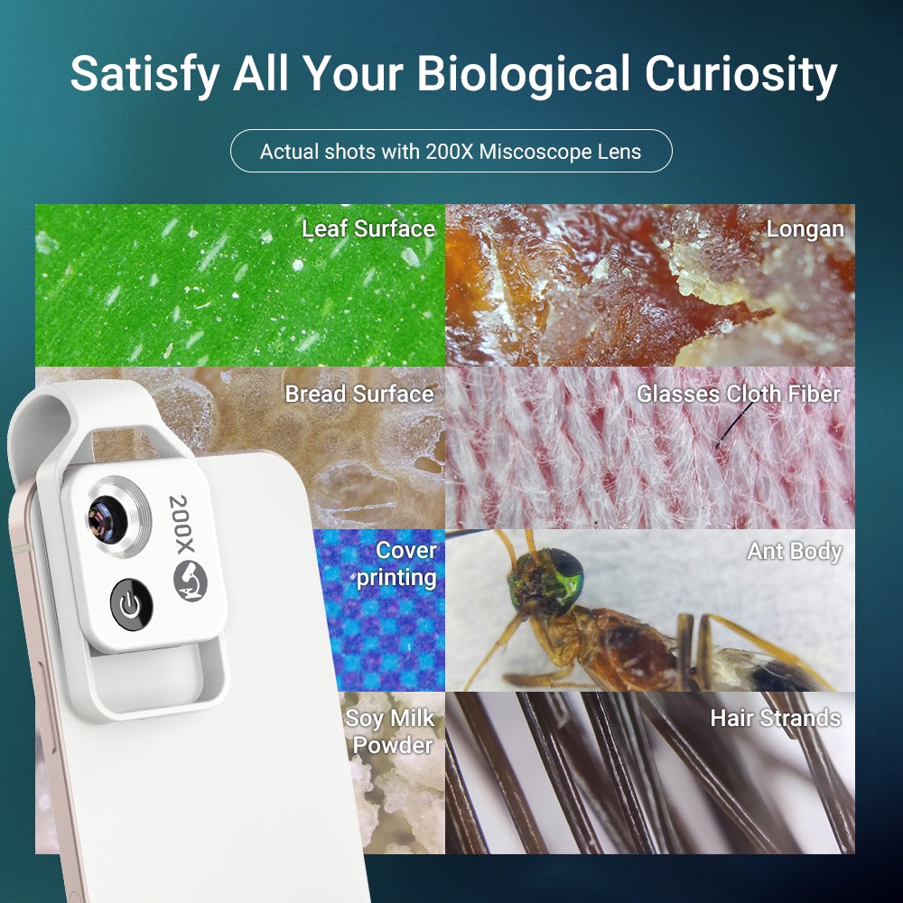 Apexel 200X Phone Microscope Lens with CPL, Adjustable LED Lights, 2-micron High Resolution, Built-in Lithium Battery - White