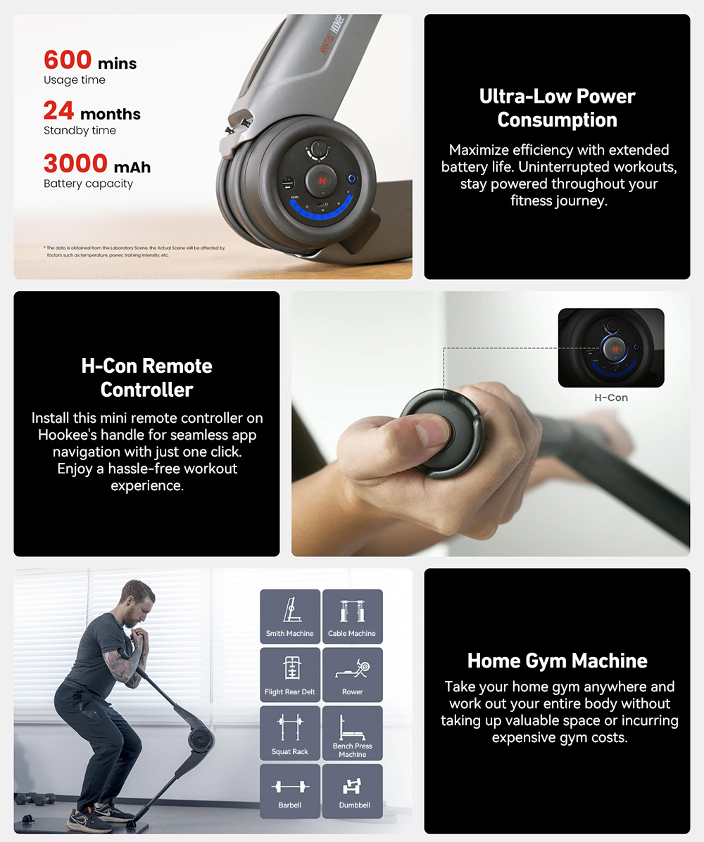 HALYTUS Hookee Plus All-in-one Smart Fitness Machine, Bi-directional Resistance, H-Con Remote Controller, 5-100lbs Resistance, 20 Adjustable Levels, 600mins Run Time, Gray