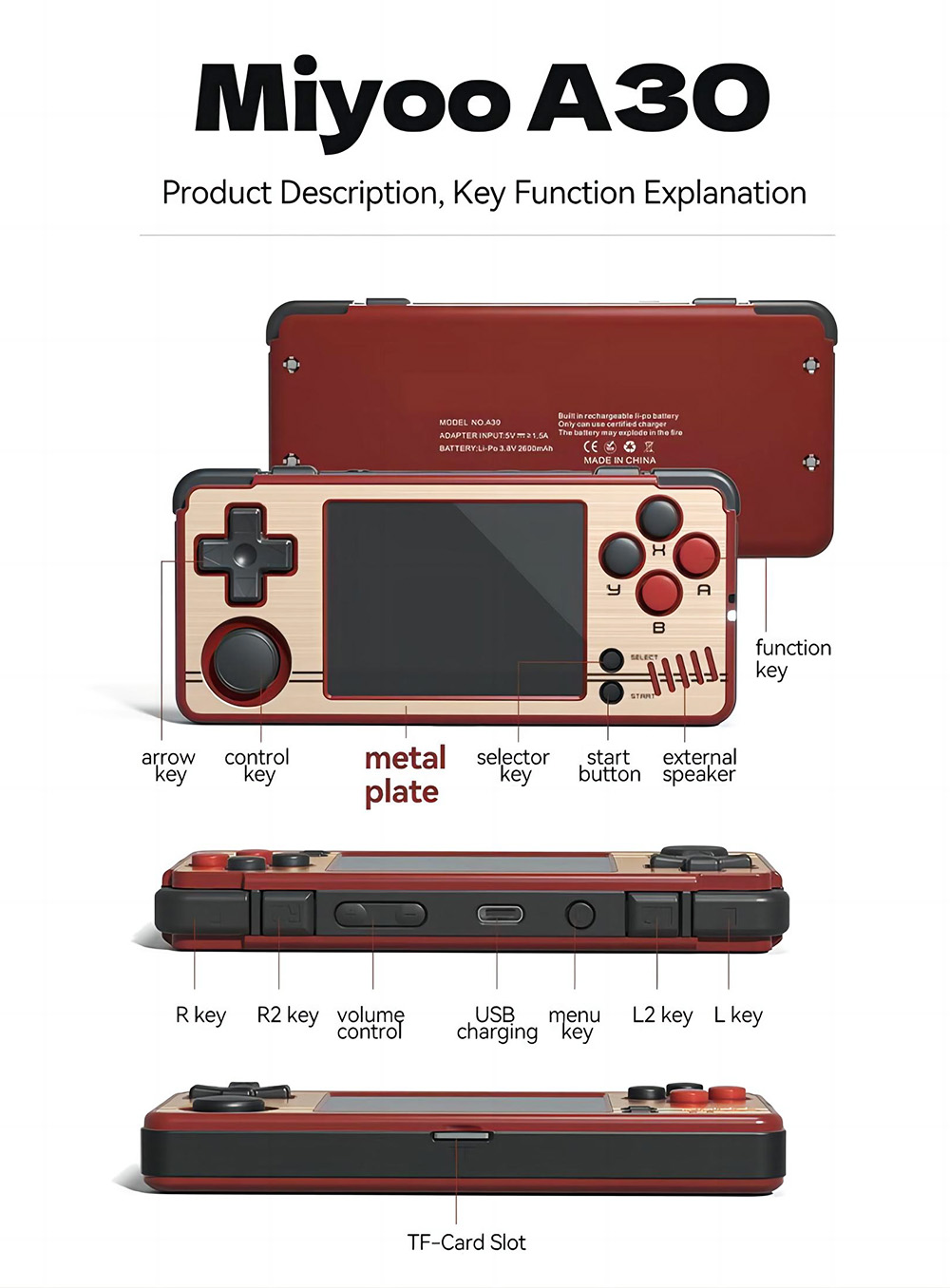 MIYOO A30 Game Console 64GB, 2.8-inch IPS Screen, 2600mAh Battery, Linux System, 2.4G WiFi - Black Grey