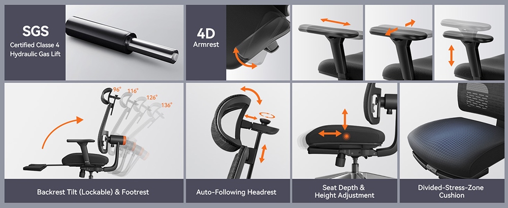 NEWTRAL MagicH-BPro Ergonomic Office Chair with Footrest, High-Backed Desk Chair with Adaptive Lumbar Support & Auto-Following Headrest, 4D Armrest, Adjustable Seat Depth & Height, Black