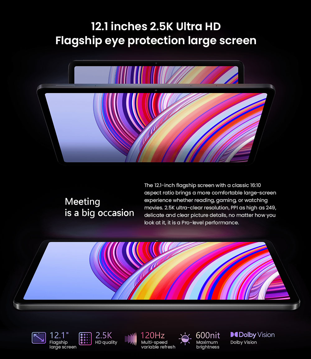 Redmi Pad Pro Tablet (CN Version), 12.1-inch 2560*1600 120Hz Screen, Snapdragon 7S 8 Cores 2.4GHz, 8GB RAM 256GB ROM, WiFi 6 Bluetooth 5.2, 10000mAh Battery 33W Fast Charging, Android 14, 8MP+8MP Camera, Dolby Vision & Dolby Atmos - Grey