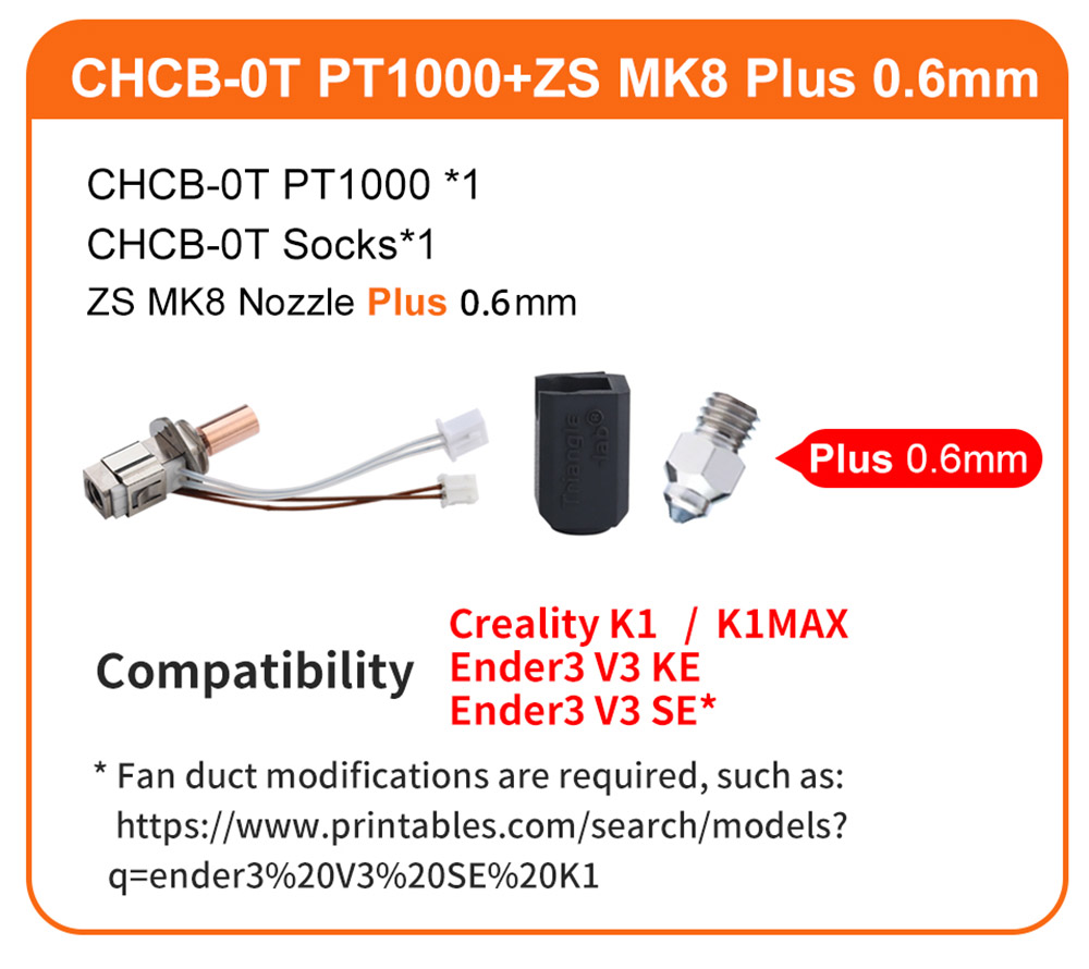 Trianglelab PT1000 CHCB-OT Hotend Kit, with ZS MK8 Plus 0.6mm Nozzle, for K1/K1 Max, Ender-3 V3 KE/Ender-3 V3 SE
