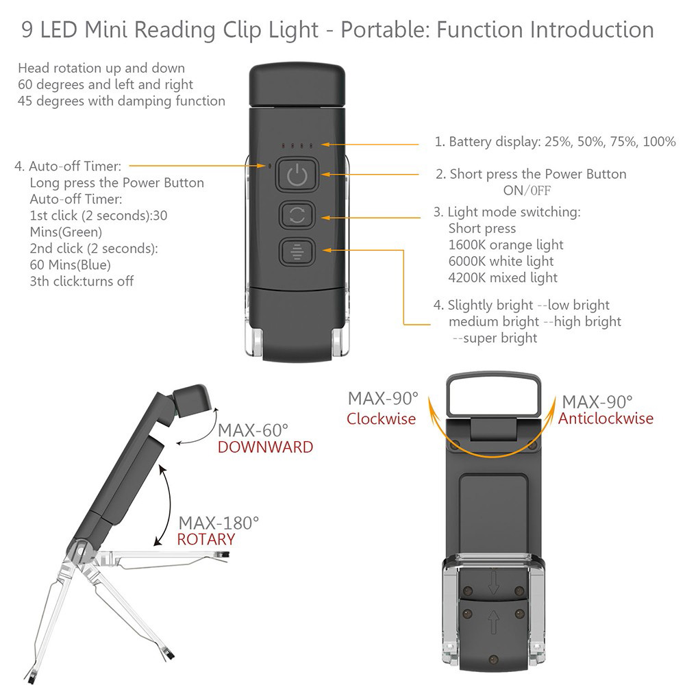 9 LED Mini Book Clip Reading Light, 5 Levels Brightness, 1600-6000K Color Temperature, 500mAh Battery - Black