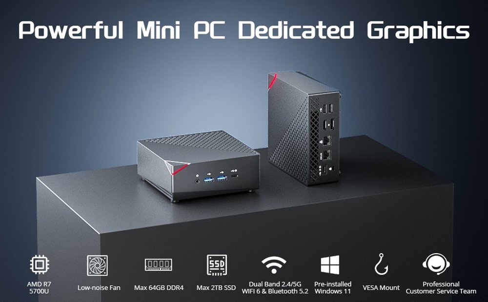 MN57 Mini PC, AMD R7 5700U 8 Cores up to 4.3GHz, 8GB DDR4 RAM 256GB SSD, WiFi 6 Bluetooth 5.2, HDMI Type-C DP 4K Triple Display, 2.5Gbps+1Gbps Dual LAN, 2*USB2.0 2*USB3.0 1*Headphone Jack - EU