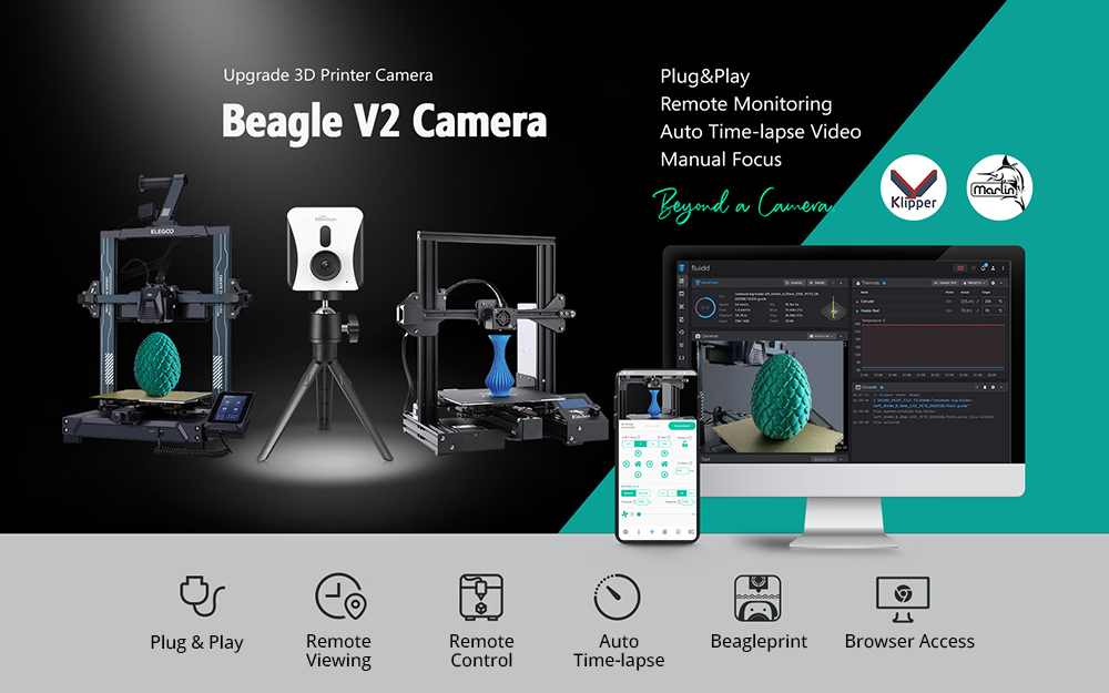 Mintion Beagle V2 3D Printer Camera, Support Klipper, 1080P Video Resolution, Manual Focus, WiFi Remote Control, Auto Time-Lapse Video, Electronic Zoom, Night Vision, PC/Mobile Connection