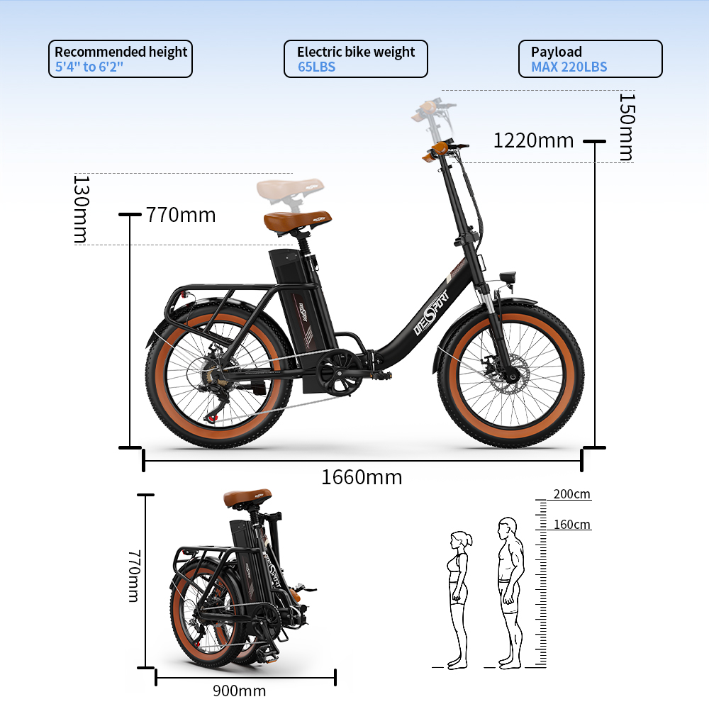 ONESPORT OT16 Upgraded Edition Electric Bike 20*3.0 inch Tires, 48V 17Ah Battery 25km/h Max Speed 3 Riding Modes 7-Speeds Disc Brakes - Black&Brown