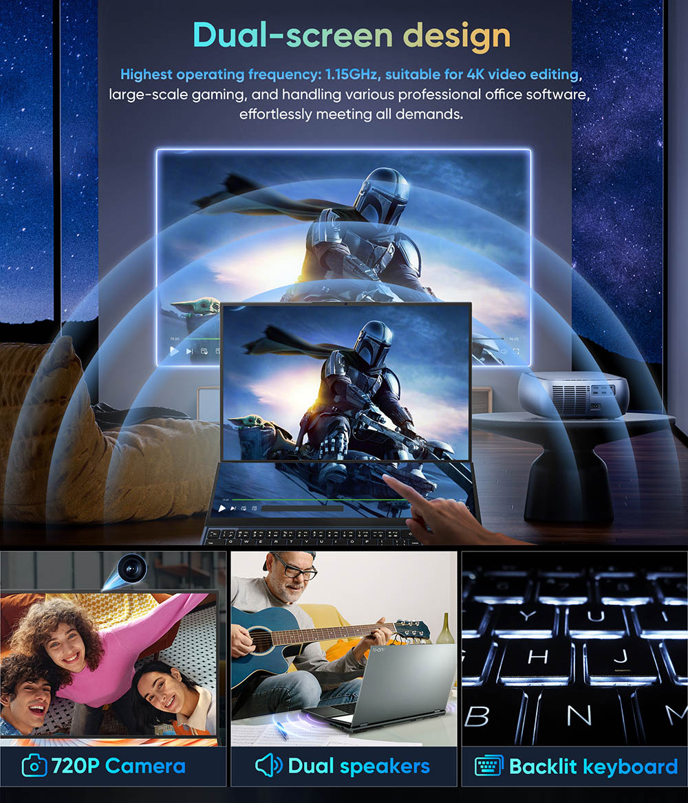 N-one NBook Fly Laptop, 16'' + 14'' Dual IPS Screen, Intel Core i7-10850H 6 Cores Up to 5.0 GHz, 16GB RAM 1TB SSD, Dual-band WiFi Bluetooth 4.2, 1*USB-C 3*USB3.0 1*HDMI 1*RJ45 1*Headphone Jack, 1MP Camera, Backlit Keyboard, 51WH Battery