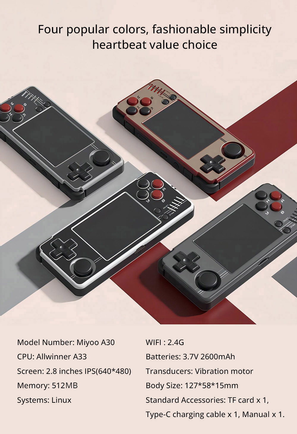 MIYOO A30 64GB Retro Game Console, 2.8-inch IPS Screen, 5H Battery Life, Linux System, 2.4G WiFi - Black