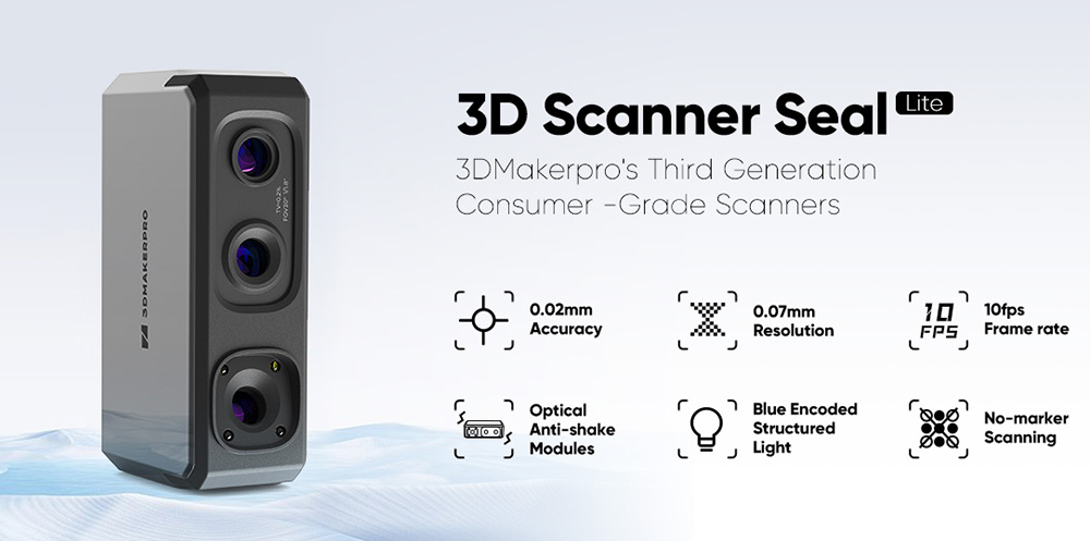 3DMakerpro Seal Lite 3D Scanner, 0.02mm Accuracy, 0.07mm Resolution, Anti-shake Lenses, 10fps Frame, Visual tracking