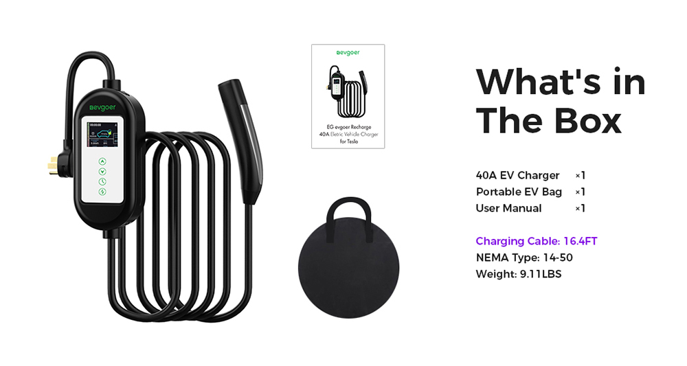 EG Evgoer EV Charger, Level 2 40 Amp, 16FT Charging Cable, 14-50P NEMA, Schedule Time & 8-40A Adjustable Current, for All Tesla Models
