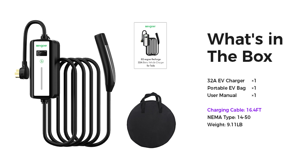 EG Evgoer EV Charger, Level 2 32 Amp, 16FT Cable, NEMA14-50 Plug, Adjustable Current, IP66 Waterproof, for All Tesla Models
