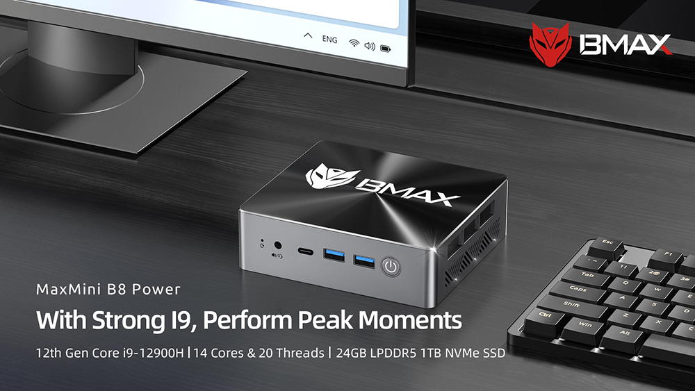 BMAX B8 Power Mini PC, Intel Core i9-12900H 14 Cores Max 5.0GHz, 24GB LPDDR5 RAM 1TB SSD, 2*HDMI 2.1 + Type-C 4K@60Hz Triple Screen Display, Support Dynamic HDR, WiFi 6 Bluetooth 5.2, 2*USB 3.2 2*USB 2.0 1*RJ45 1*3.5mm Headset Jack