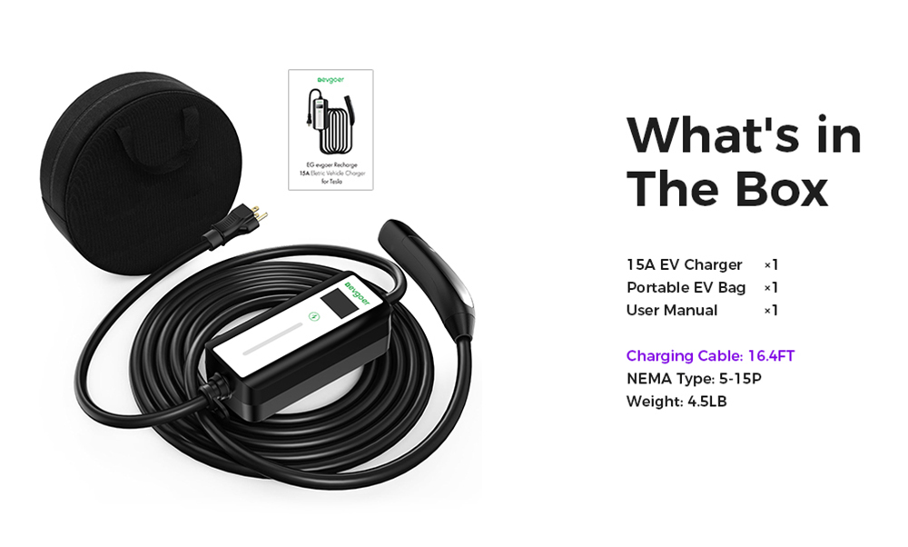 EG Evgoer Level 1 EV Charger, 15Amp 110V, Schedule Time & 4 Adjustable Current, NEMA 5-15 Plug, 16.4ft Charging Cable, for All Tesla Model 3/Y/X/S/Cybertruck