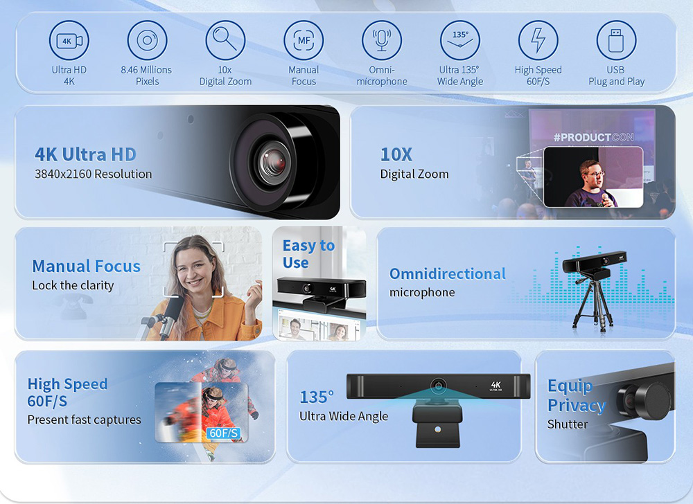 GUCEE HD85-4K Video Conference Webcam, 4K Ultra HD, 10X Digital Zoom, Manual Focus, High Speed 60F/S, Omnidirectional Microphone - EU Plug