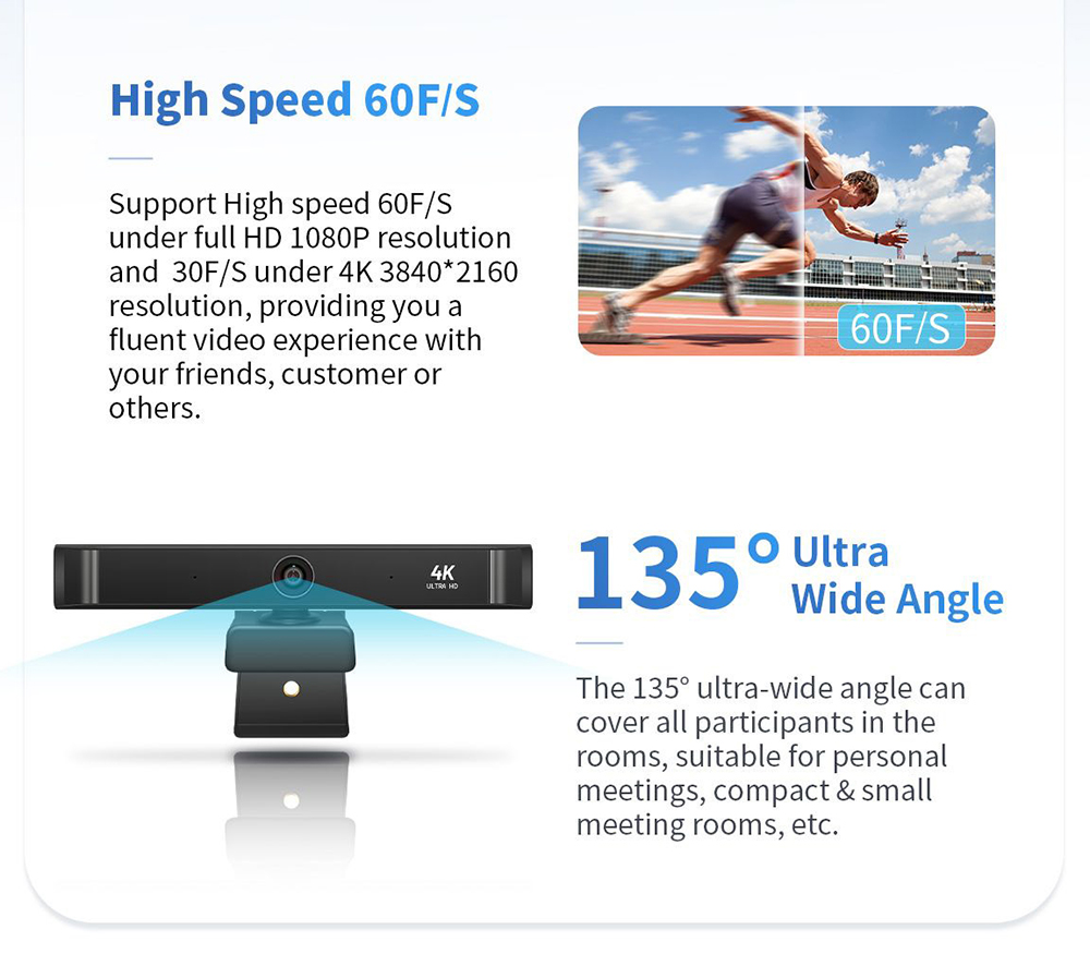 GUCEE HD85-4K Video Conference Webcam, 4K Ultra HD, 10X Digital Zoom, Manual Focus, High Speed 60F/S, Omnidirectional Microphone - EU Plug