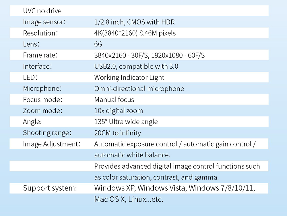 GUCEE HD85-4K Video Conference Webcam, 4K Ultra HD, 10X Digital Zoom, Manual Focus, High Speed 60F/S, Omnidirectional Microphone - EU Plug