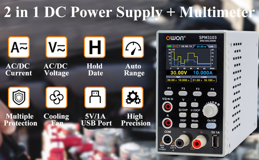 OWON SPM3103 DC Power Supply with Multimeter, 30V/10A Output Range, 300W Power, 10mV/1mA Resolution, 2.8-inch TFT LCD, 4 1/2 Digits, Support SCPI - UK Plug
