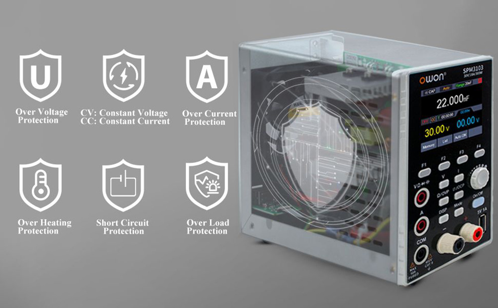 OWON SPM3103 DC Power Supply with Multimeter, 30V/10A Output Range, 300W Power, 10mV/1mA Resolution, 2.8-inch TFT LCD, 4 1/2 Digits, Support SCPI - US Plug