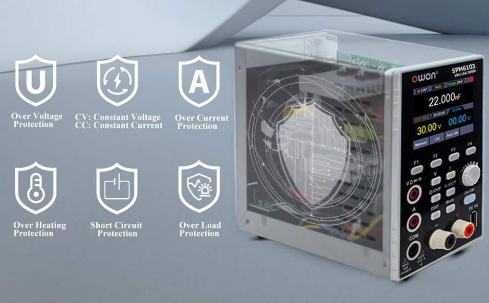 OWON SPM6103 DC Power Supply with Multimeter, 60V/10A Output Range, 300W Power, 10mV/1mA Resolution, 2.8-inch TFT LCD, 4 1/2 Digits, Support SCPI - US Plug