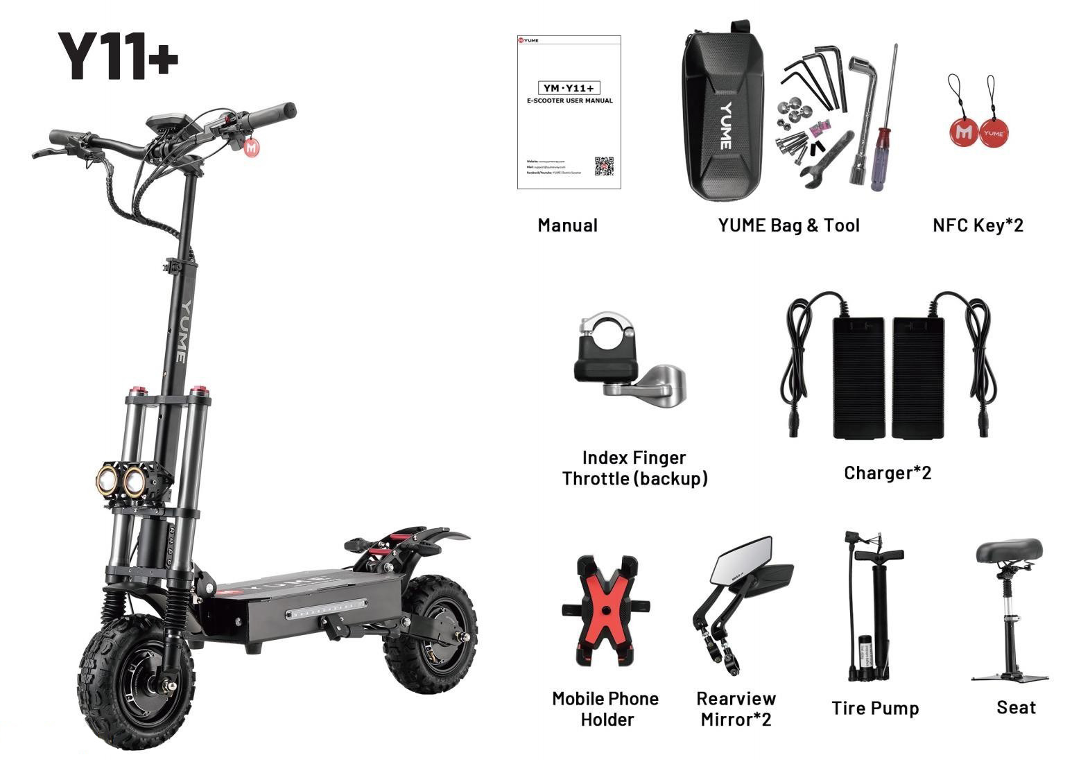 YUME Y11+ Electric Scooter, 3000W*2 Motor, 60V 31.5Ah Battery, 11-inch Off-road Tubeless Tires, 50mph Max Speed, 60miles Range, Front & Rear Hydraulic Disc Brake
