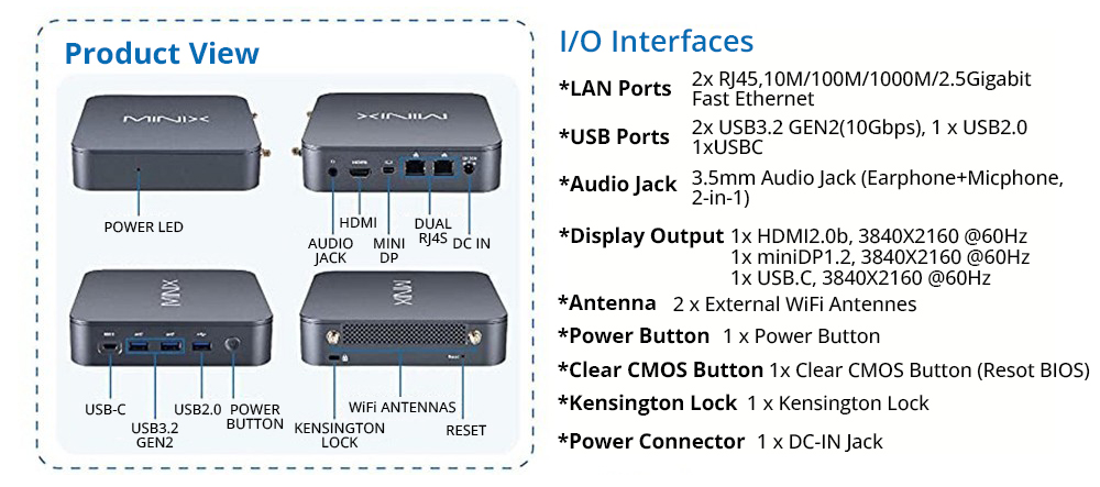MINIX NEO J51-C8 Max Mini PC, Intel N5105 4 Cores Max 2.90GHz, 8GB RAM 512GB SSD, HDMI + Mini DP+ USB-C 4K@60Hz Triple Display, WiFi 6 Bluetooth 5.2, 2*USB 3.2 1*USB 2.0 2*2.5G RJ45 1*3.5mm Audio Jack, VESA Mounting