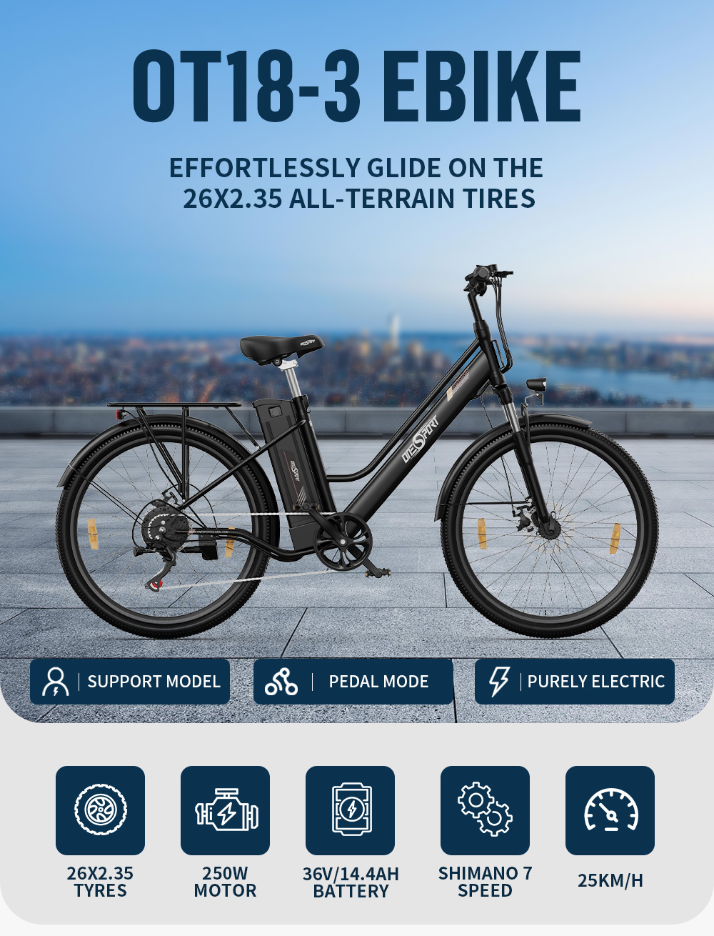 ONESPORT OT18 City Electric Bike, 26*2.35 inch wide Tires, 250W Motor 25km/h, 36V 14.4Ah Big Battery up to 100km Max Range, Shimano 7-speed, Front Shock-absorbing fork, 25 Degree Climbing Bluetooth APP - Black