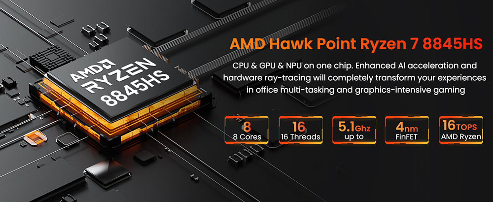 OUVIS F1K Mini PC, AMD Ryzen 7 8845HS 8 Cores Up to 5.1GHz, 16GB RAM 1TB SSD, 2*HDMI+1*Type-C 4K 60Hz Triple Display, WiFi 6 Bluetooth 5.2, 4*USB 3.2 1*RJ45 1*Audio - EU Plug
