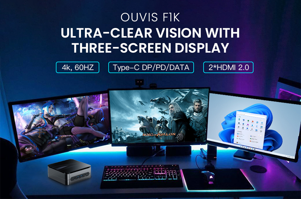 OUVIS F1K Mini PC, AMD Ryzen 7 7735HS 8 Cores Up to 4.75GHz, 16GB RAM 1TB SSD, 2*HDMI+1*Type-C 4K 60Hz Triple Display, WiFi 6 Bluetooth 5.2, 4*USB 3.2 1*RJ45 1*Audio - EU Plug