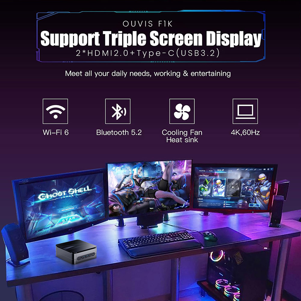 OUVIS F1K Mini PC, AMD Ryzen 7 7735HS 8 Cores Up to 4.75GHz, 16GB RAM 1TB SSD, 2*HDMI+1*Type-C 4K 60Hz Triple Display, WiFi 6 Bluetooth 5.2, 4*USB 3.2 1*RJ45 1*Audio - EU Plug