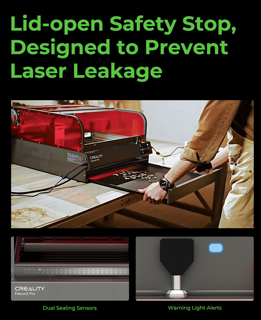 Graveur laser Creality Falcon2 Pro 60 W avec module laser 1,6 W, classe 1 de la FDA, conception entièrement fermée et à tiroir, arrêt de sécurité à couvercle ouvert, assistance pneumatique, caméra intégrée, vitesse maximale de 700 mm/min, 400 x 400 mm