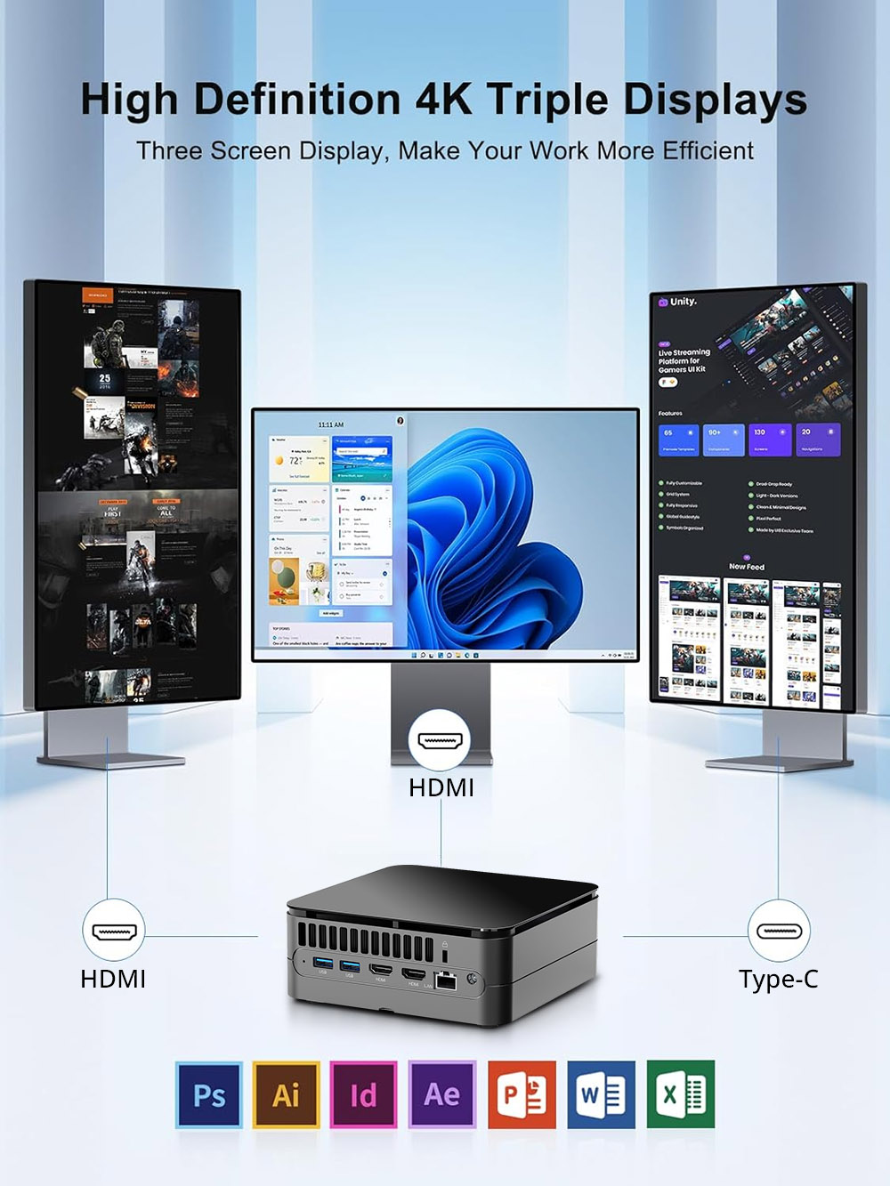 OUVIS F1T Mini PC, Intel Core i9-11900H 8 Core Up to 4.90GHz, 16GB DDR4 3200MHz RAM 1TB NVMe SSD, 2xHDMI2.0 1xType-C 4K@60Hz Triple Display, WiFi 6 Bluetooth 5.2, 4xUSB3.2, 1Gbps RJ45 LAN, 3.5mm Audio Out, Desktop Computer Small PC for Business Home