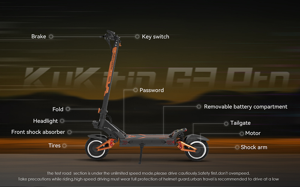 KuKirin G3 Pro 1200 W * 2 Motoren, Offroad-Elektroroller, 10-Zoll-Reifen, 52 V, 23,2 Ah, herausnehmbarer Akku, 80 km Reichweite, 65 km/h Höchstgeschwindigkeit, doppelter Stoßdämpfer, IP54 wasserdicht, doppelte Ölbremsen