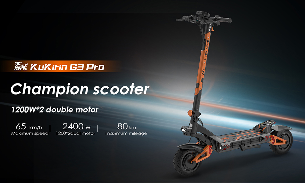 KuKirin G3 Pro 1200 W * 2 Motoren, Offroad-Elektroroller, 10-Zoll-Reifen, 52 V, 23,2 Ah, herausnehmbarer Akku, 80 km Reichweite, 65 km/h Höchstgeschwindigkeit, doppelter Stoßdämpfer, IP54 wasserdicht, doppelte Ölbremsen