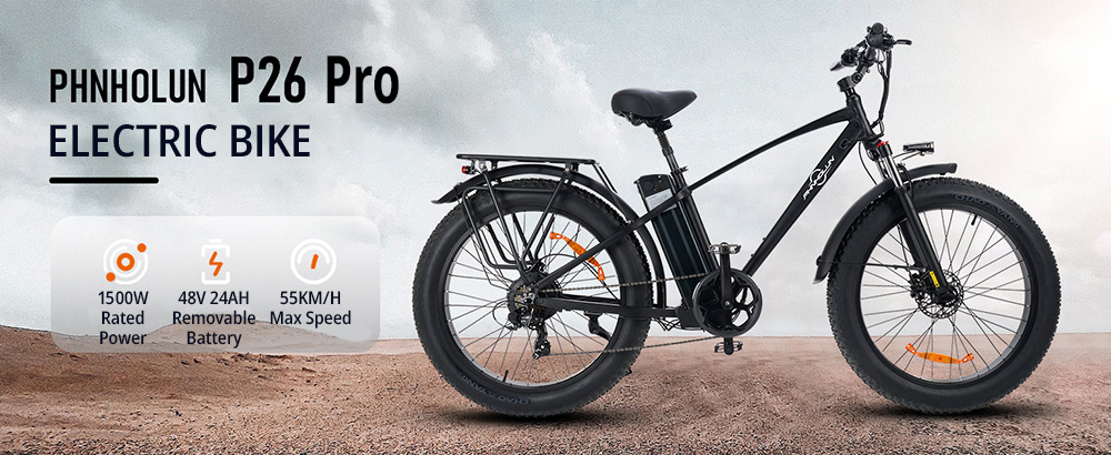 PHNHOLUN P26 Pro Elektrofahrrad, 1500-W-Motor, 48-V-24-Ah-Wechselakku, 26 x 4,0 Zoll große Fatbike-Reifen, 55 km/h Höchstgeschwindigkeit, 120 km Reichweite