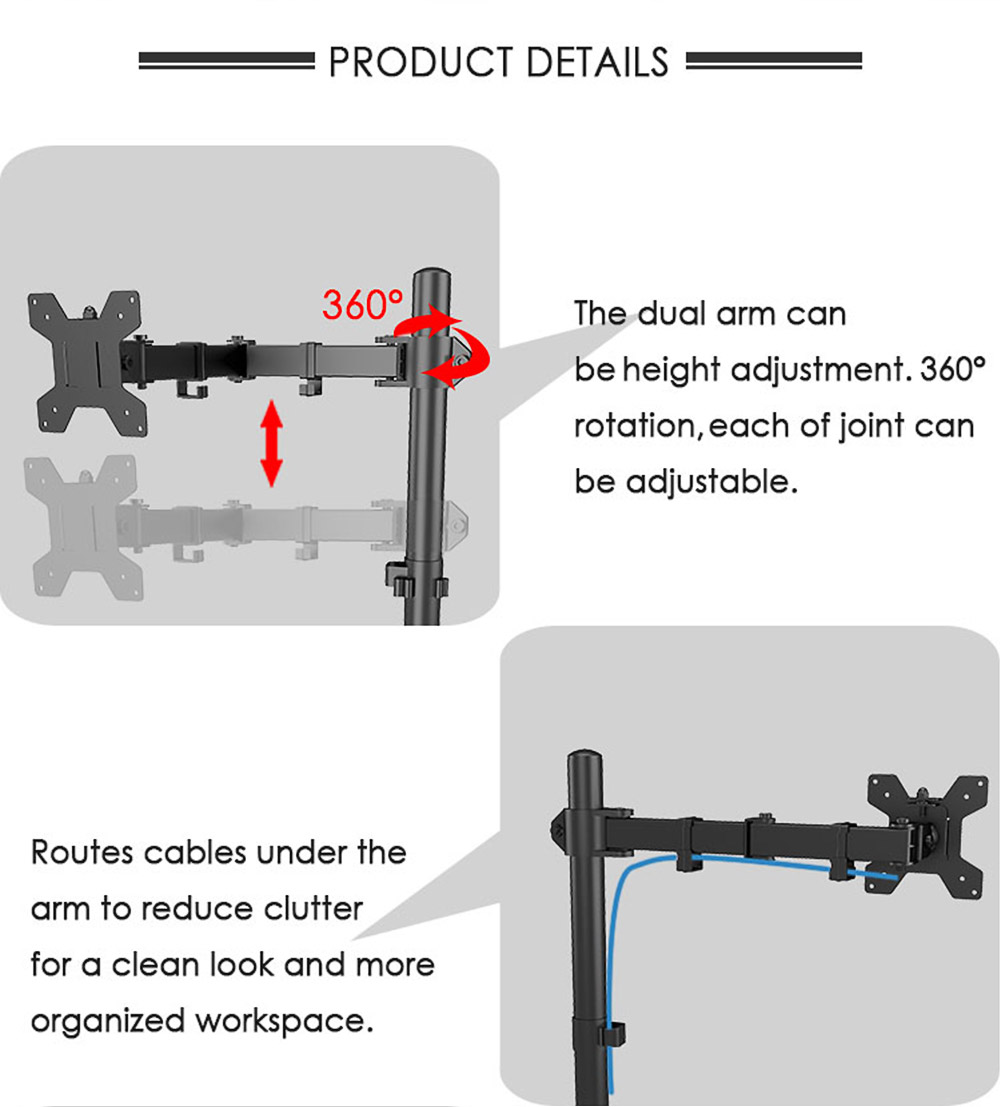 M051 Dual Arm Single Monitor Stand for 13-27 inch Screens, 360° Rotatable, ± 90° Tilt, 100-400mm Adjustable Height, VESA 75x75/100x100mm, C-Clamp Installation