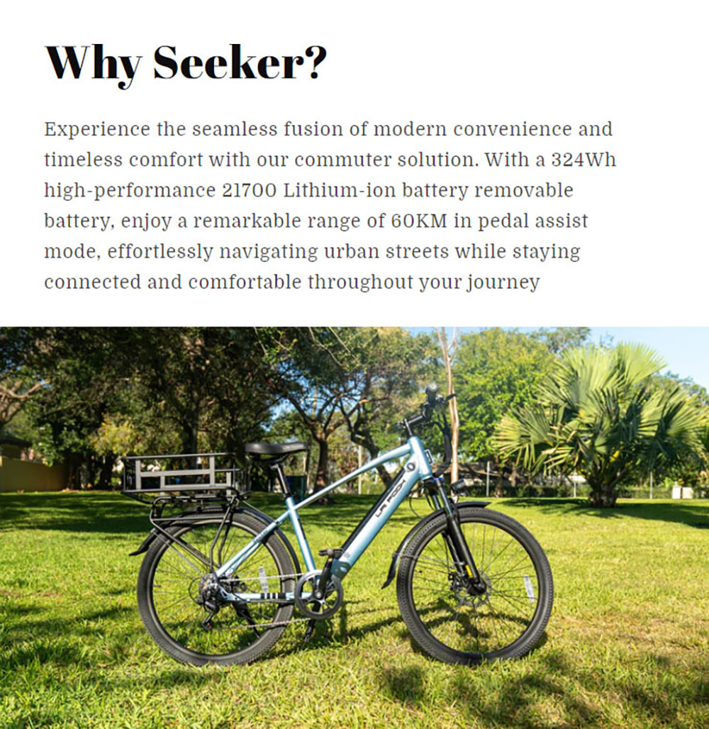 LAIFOOK Seeker Electric Bike, 250W Motor, 36V 9Ah Battery, 26'' Tires, 25km/h Max Speed, 60km Range, Front Fork Suspension, Disc Brakes, SHIMANO 7 Speed, LCD Display - Blue