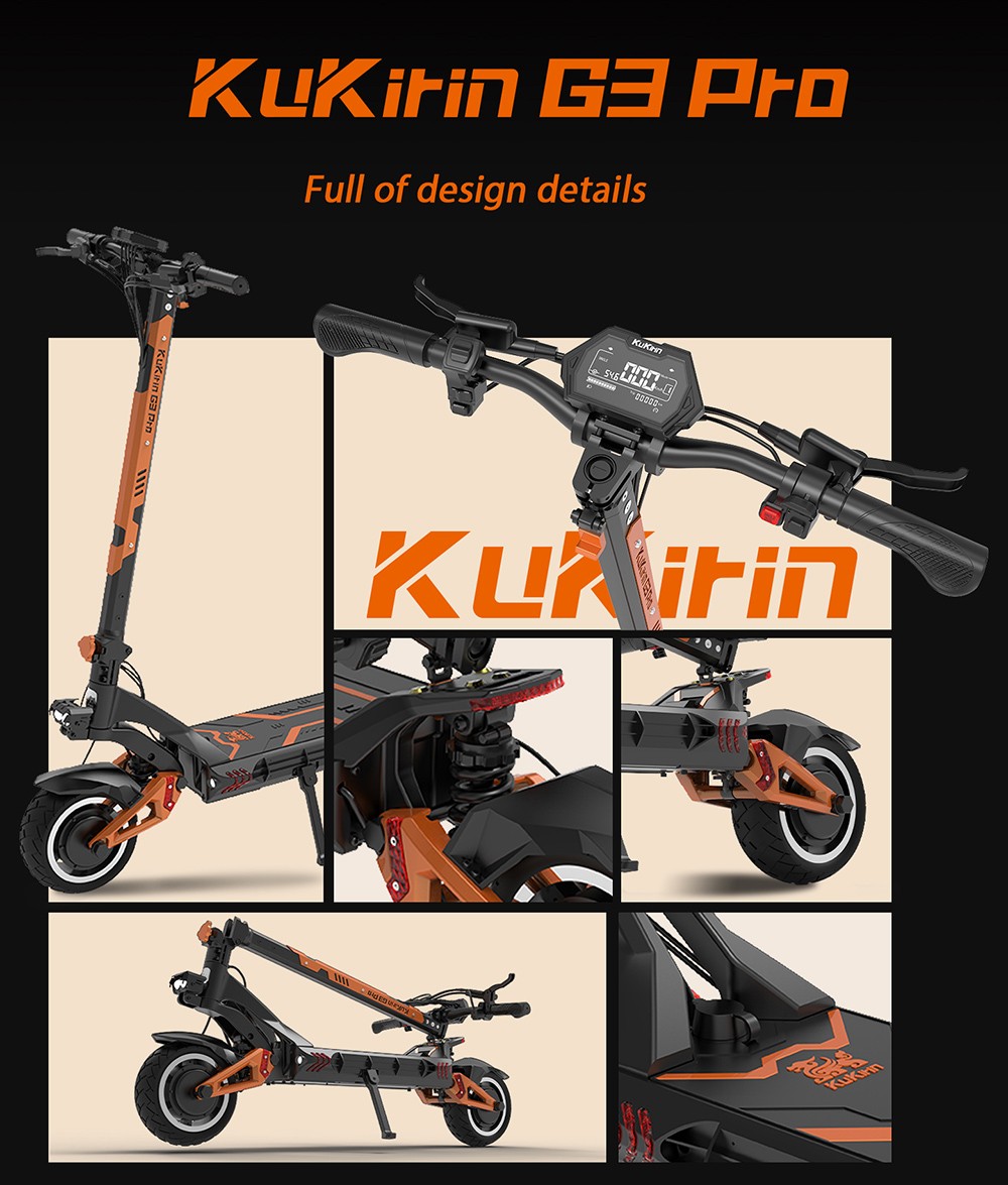 KuKirin G3 Pro 1200 W * 2 Motoren, Offroad-Elektroroller, 10-Zoll-Reifen, 52 V, 23,2 Ah, herausnehmbarer Akku, 80 km Reichweite, 65 km/h Höchstgeschwindigkeit, doppelter Stoßdämpfer, IP54 wasserdicht, doppelte Ölbremsen