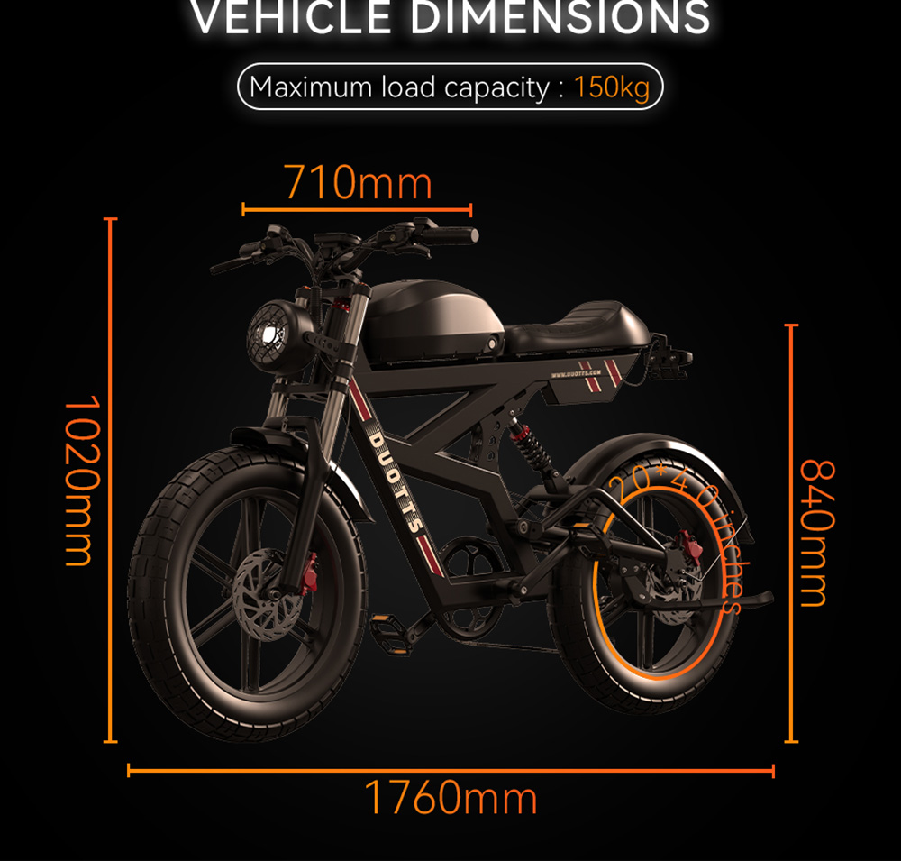 DUOTTS F20 Electric Bike, 750W Motor, 52V 27Ah Battery, 20*4.0 Inch Fat Tires, 50km/h Max Speed, 140km Range, Full Suspension, Spring Shock Absorption, Hydraulic Disc Brakes