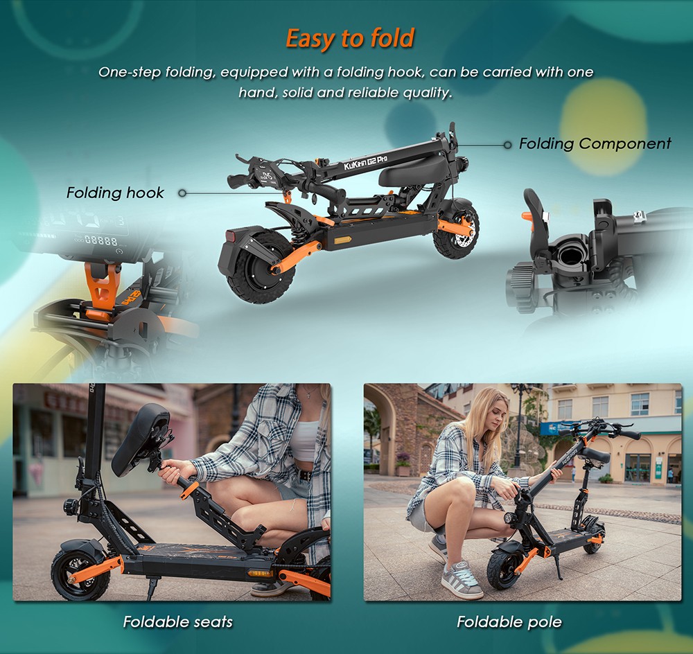 KuKirin G2 Pro Elektroroller Version 2024, bürstenloser 600-W-Motor, 48-V-15,6-Ah-Akku, 9-Zoll-Vakuumreifen aus Gummi, 45 km/h Höchstgeschwindigkeit, 58 km Reichweite, Doppelscheibenbremsen, Federstoßdämpfer, abnehmbarer Sitz