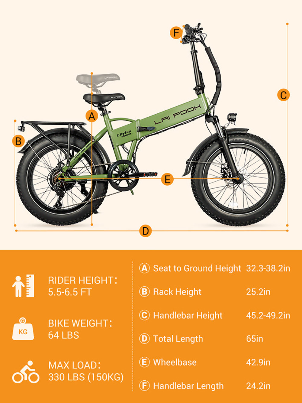 LAIFOOK Cityfun Electric Bike, 250W Brushless Motor, 48V 10.4AH Battery, 20 x 4.0 Inch Fat Tires, 25km/h Max Speed, 70km Range, Hydraulic Front Suspension, Mechanical Disc Brake, Shimano 7 Speed, LCD Display - Orange