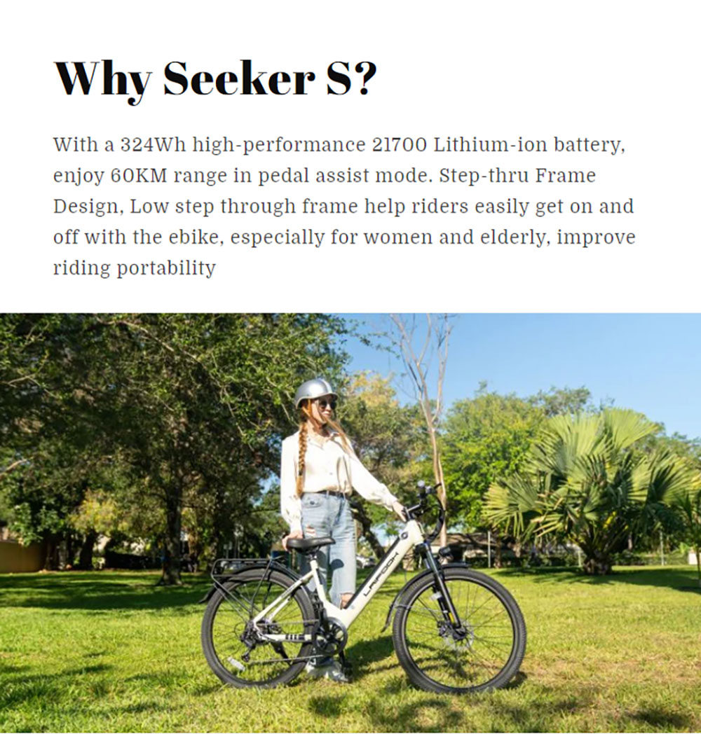 LAIFOOK Seeker S Electric Bike, 250W Motor, 36V 9Ah Battery, 26'' Tires, 25km/h Max Speed, 60km Range, Front Fork Suspension, Disc Brakes, SHIMANO 7 Speed, LCD Display - Beige