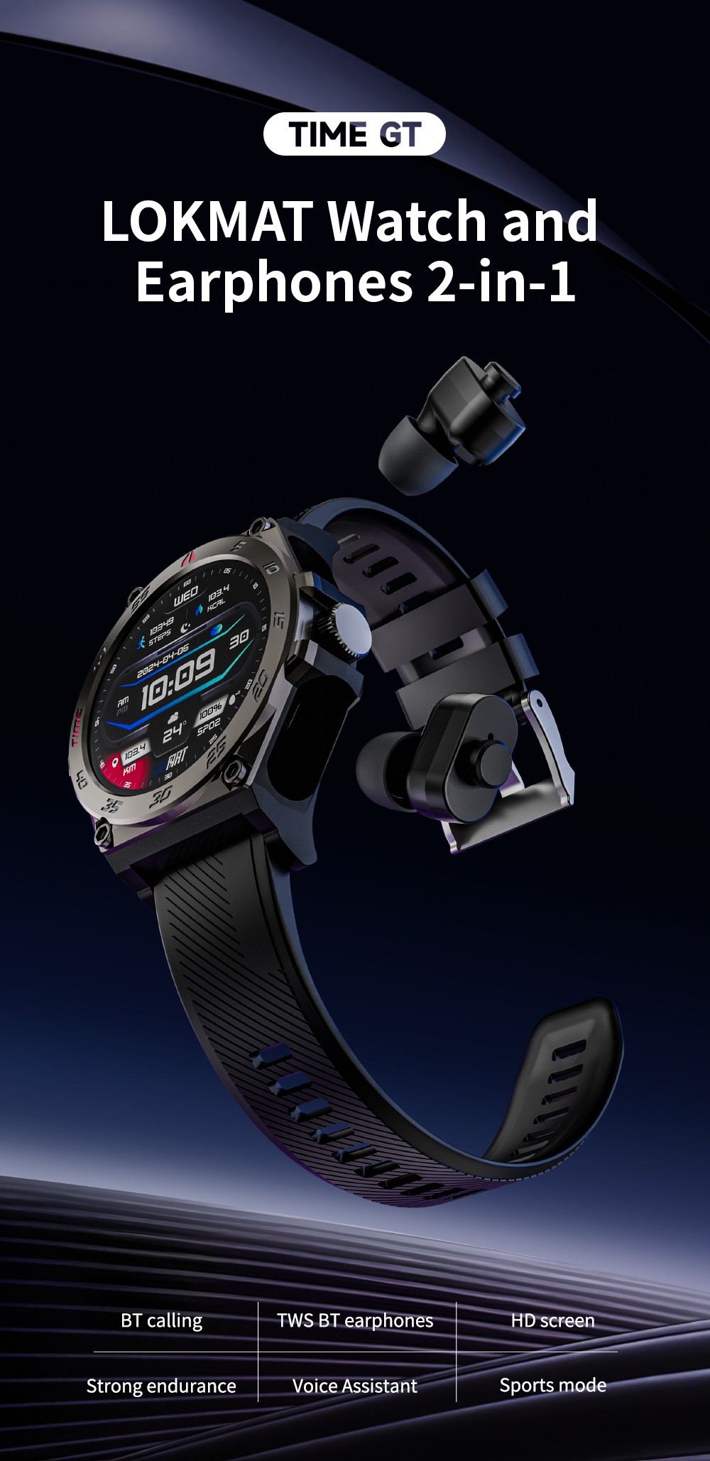 LOKMAT TIME GT 2-in-1 Smartwatch with TWS Earphones, 1.508 AMOLED HD Screen, 24-hour Health Monitoring, Al Voice, 100+ Sports Modes