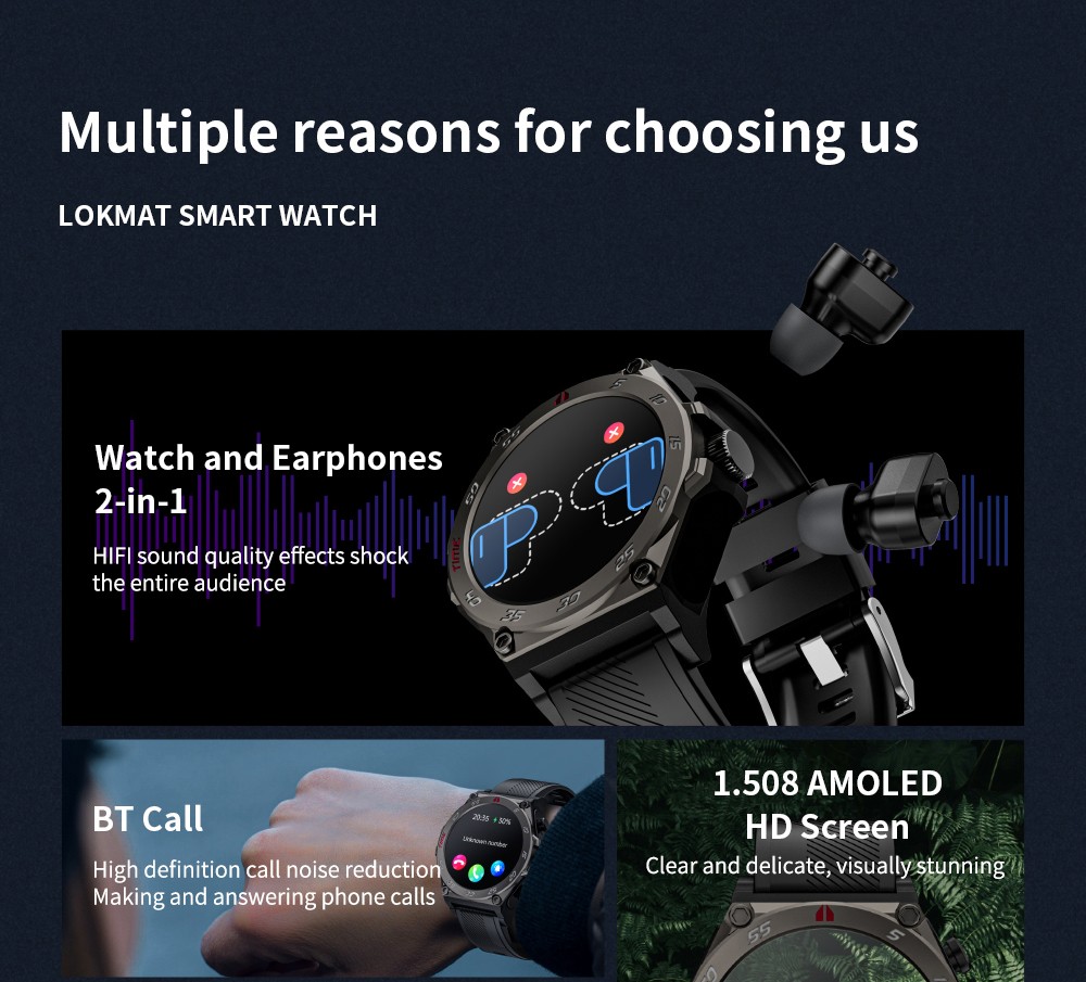 LOKMAT TIME GT 2-in-1 Smartwatch with TWS Earphones, 1.508 AMOLED HD Screen, 24-hour Health Monitoring, Al Voice, 100+ Sports Modes