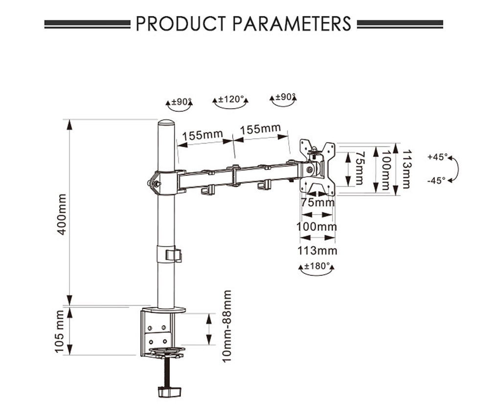 M051 Dual Arm Single Monitor Stand for 13-27 inch Screens, 360° Rotatable, ± 90° Tilt, 100-400mm Adjustable Height, VESA 75x75/100x100mm, C-Clamp Installation