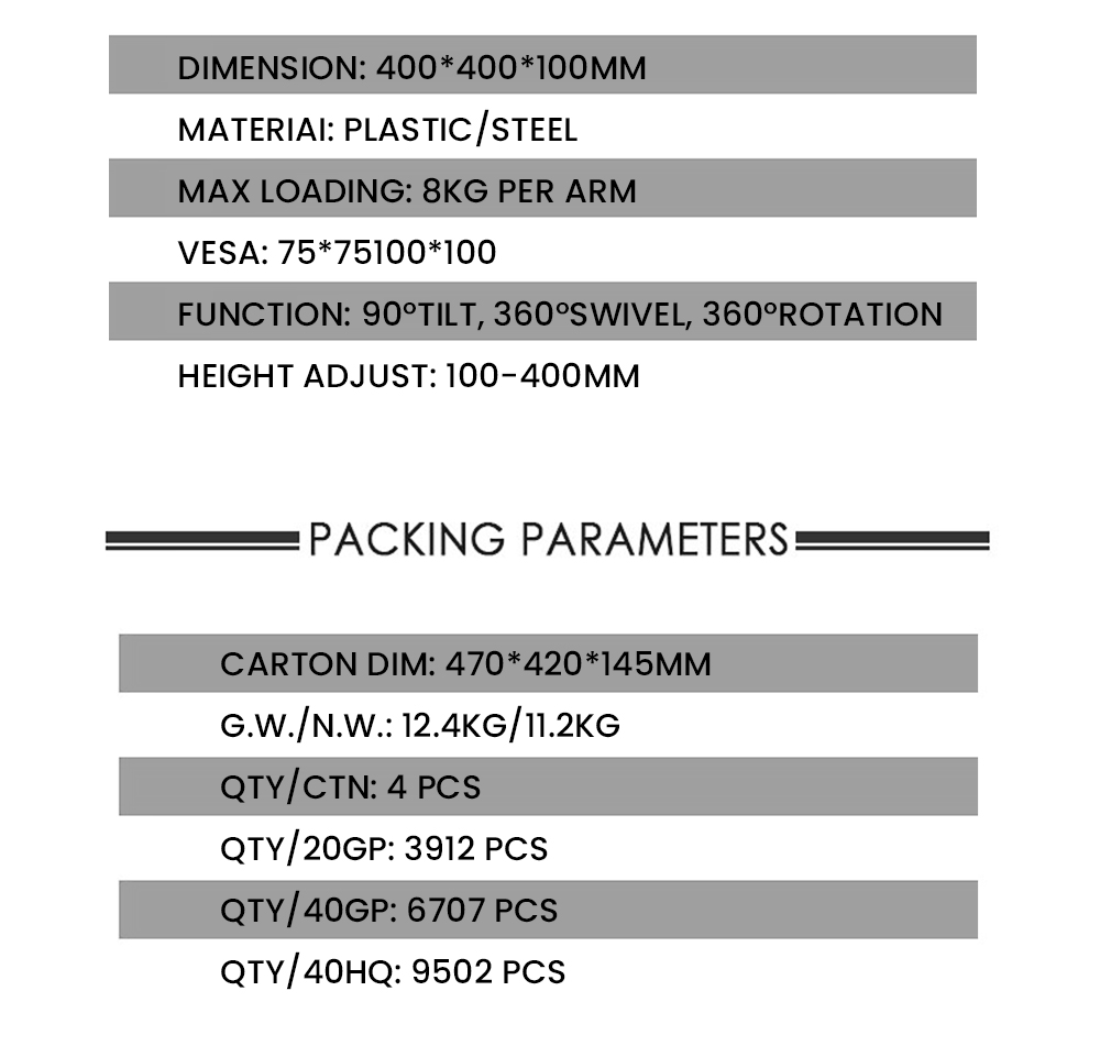 M051 Dual Arm Single Monitor Stand for 13-27 inch Screens, 360° Rotatable, ± 90° Tilt, 100-400mm Adjustable Height, VESA 75x75/100x100mm, C-Clamp Installation