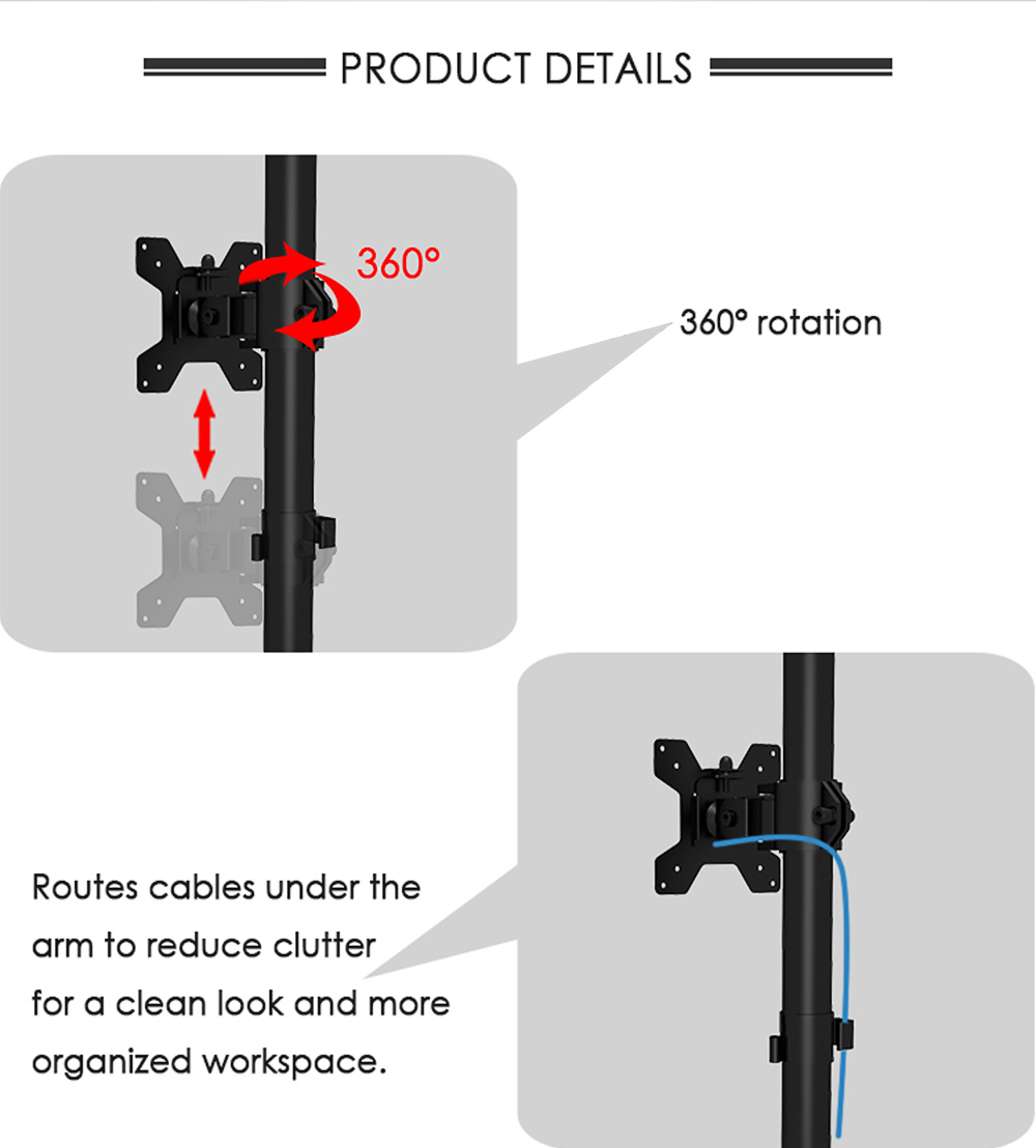 M061 Single Monitor Stand for 13-27 inch Screens, 360° Rotatable, ± 90° Tilt, VESA 75x75/100x100mm, C-Clamp Installation
