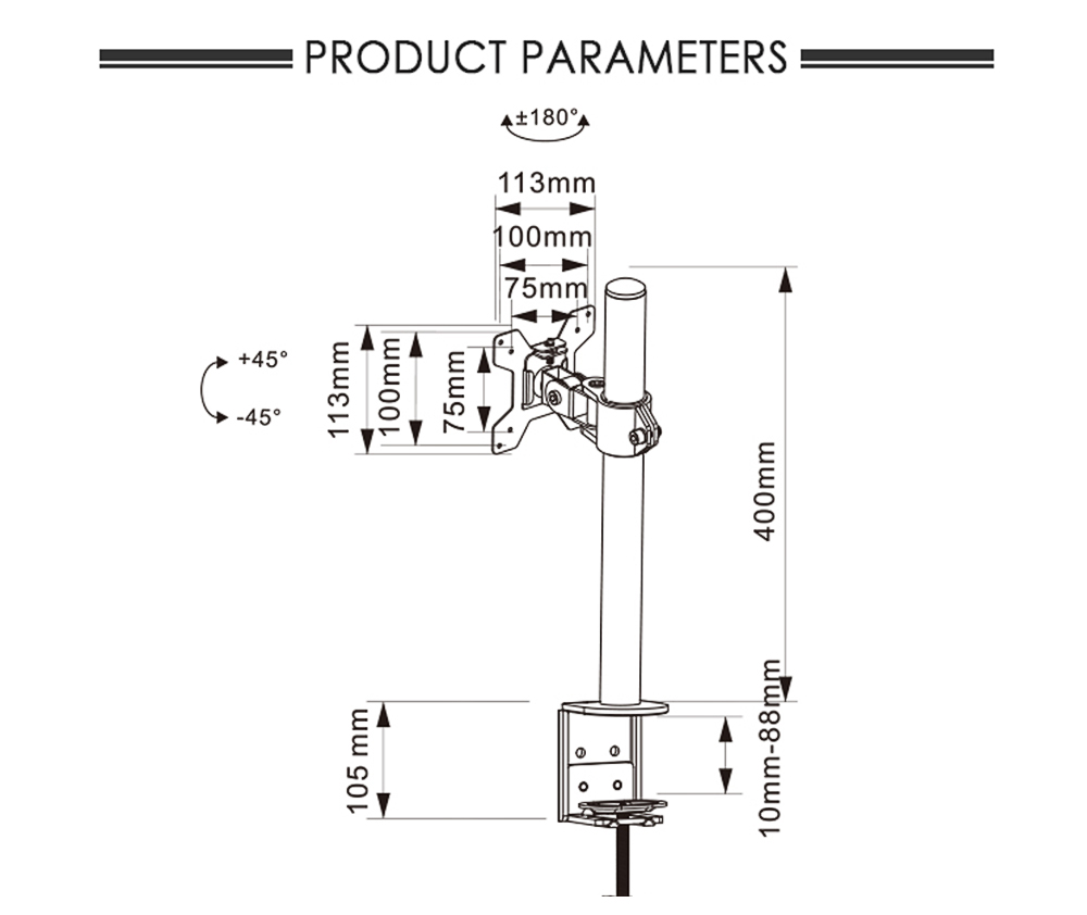 M061 Single Monitor Stand for 13-27 inch Screens, 360° Rotatable, ± 90° Tilt, VESA 75x75/100x100mm, C-Clamp Installation